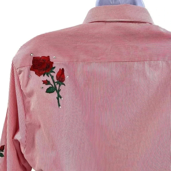 Vintage Las Olas Womens M Red Striped Button Top Rose Embroidery Blouse Western - Picture 3 of 13
